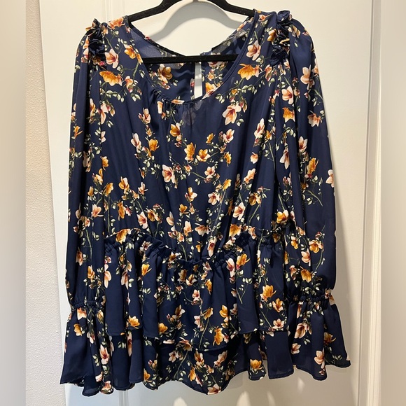 Halogen Navy Floral Peplum Blouse with Bell Sleeves - Picture 1 of 7